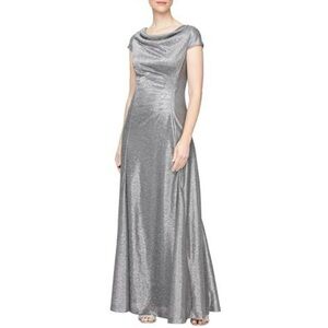 Alex Evenings 4 Cowl Neck Metallic Shimmering Silver Smoke Formal Gown Dress